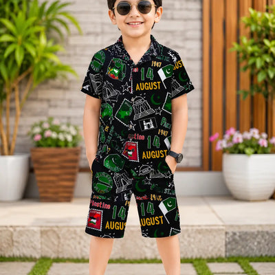 14 August 2 Pcs Boy's Dhanak Printed Shirt And Shorts Set