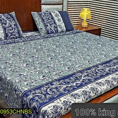 Cotton Printed King Size Bedsheet Set Blue Floral