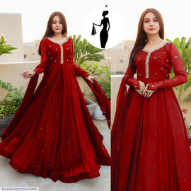 Maroon Chiffon Maxi Suit with Pearl Embroidery for Eid
