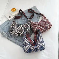 Bohemian Woven Shoulder Bag with Geometric Strap