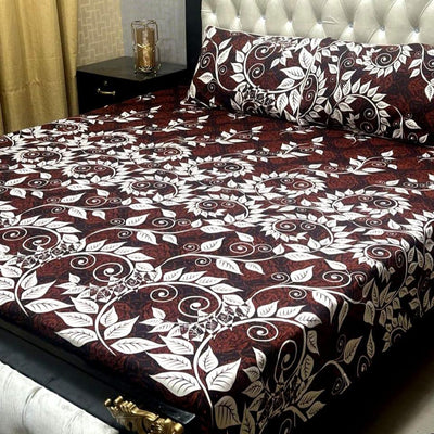 Crystal Cotton Double Bed Sheet Set Burgundy Floral Pattern