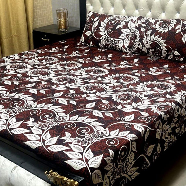 Crystal Cotton Double Bed Sheet Set Burgundy Floral Pattern